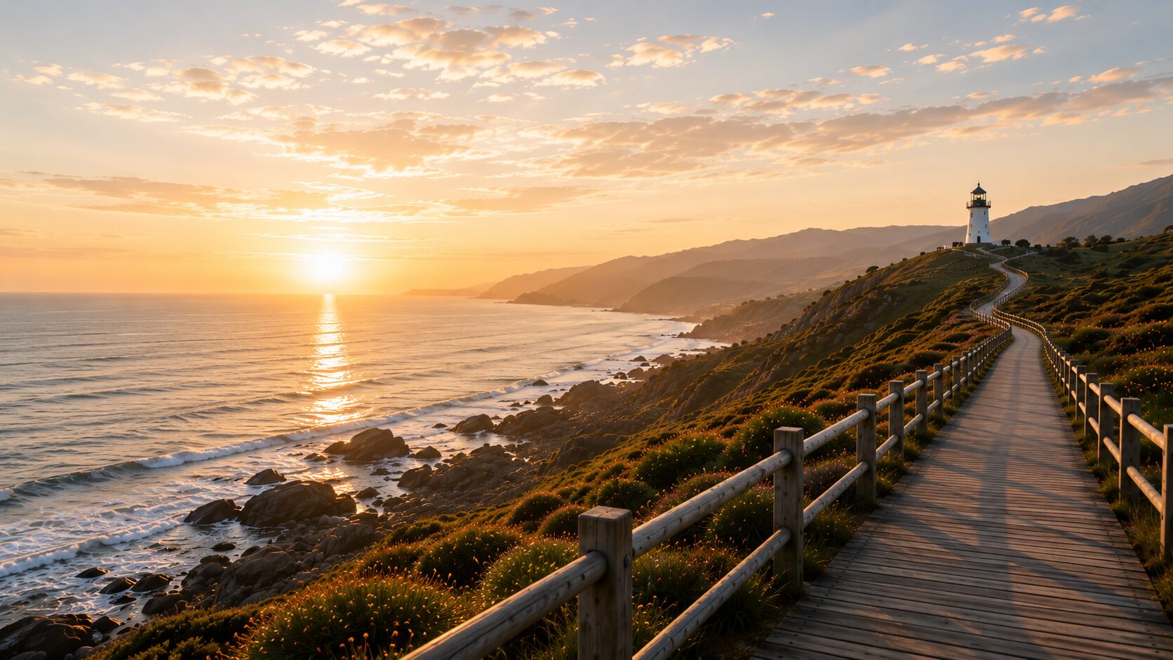 A boardwalk along a coastline leading toward a lighthouse at sunset