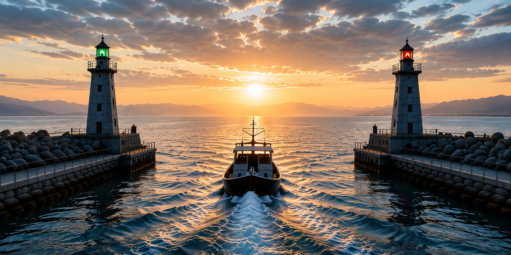 A boat passing between two harbour lighthouses at sunset