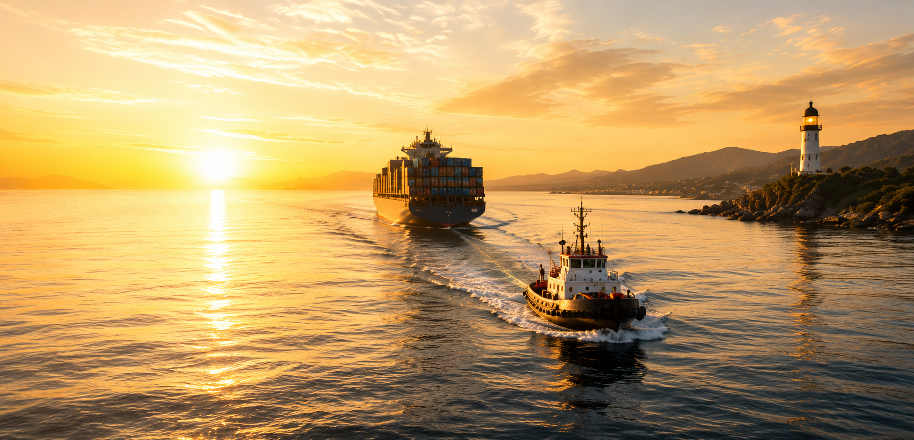 A container ship and tug passing a lighthouse at sunset