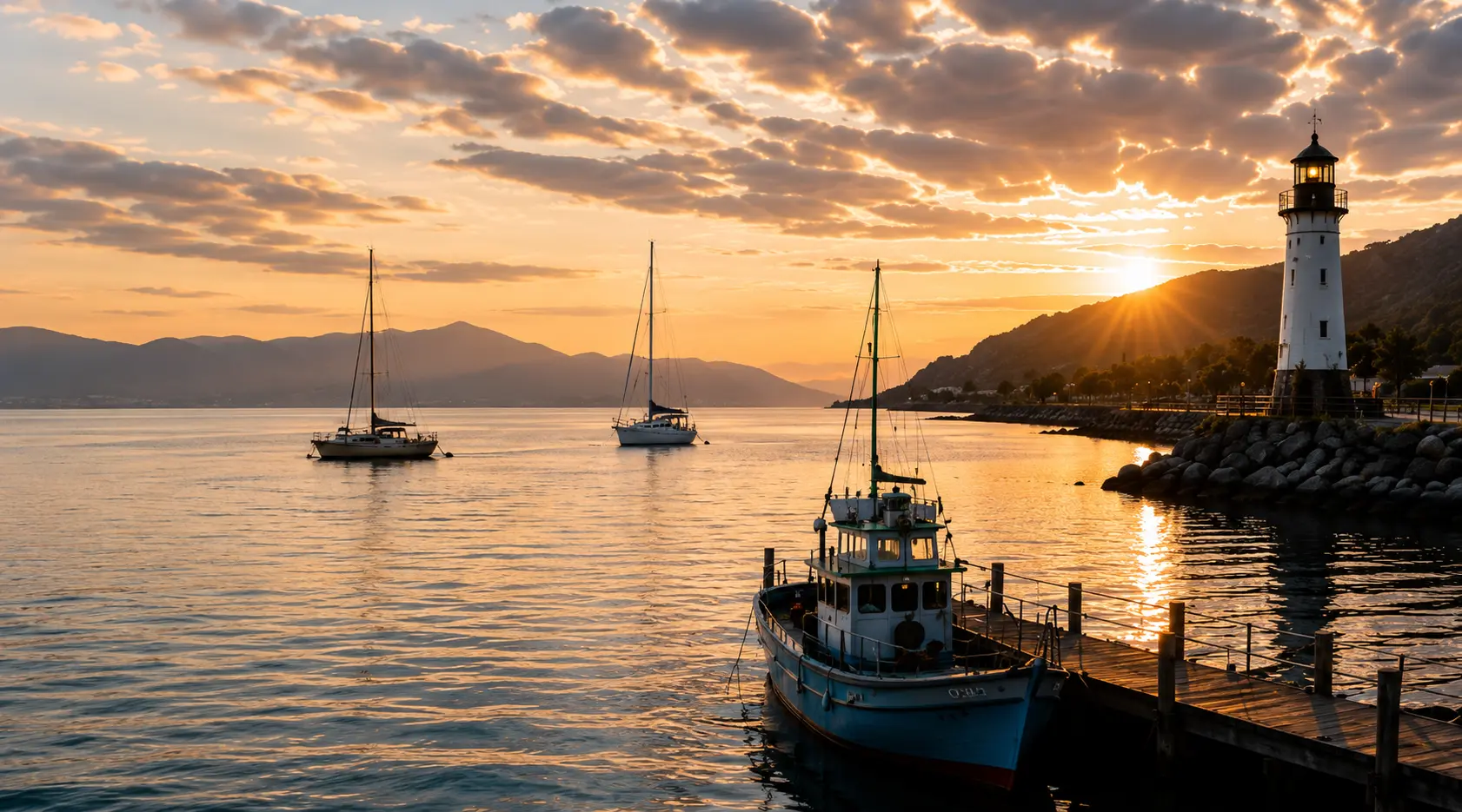 Boats moored beside a lighthouse in a calm harbour at sunset