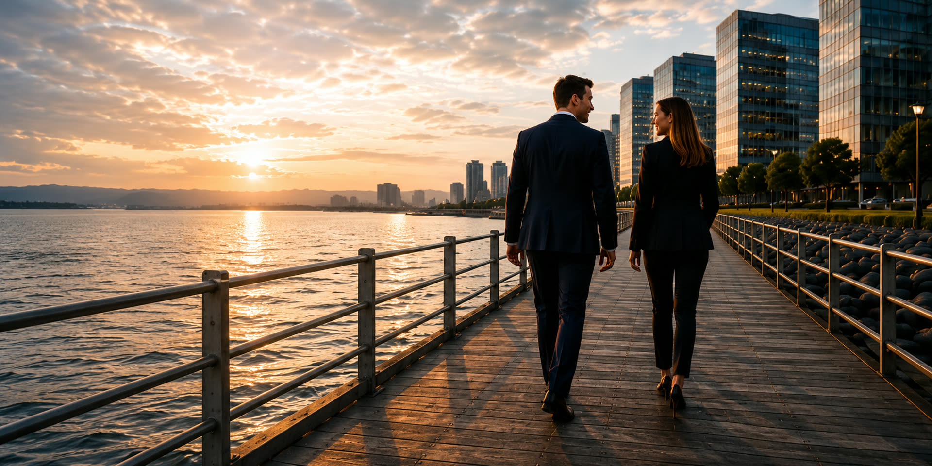 Two consultants walking along a waterfront boardwalk at sunset