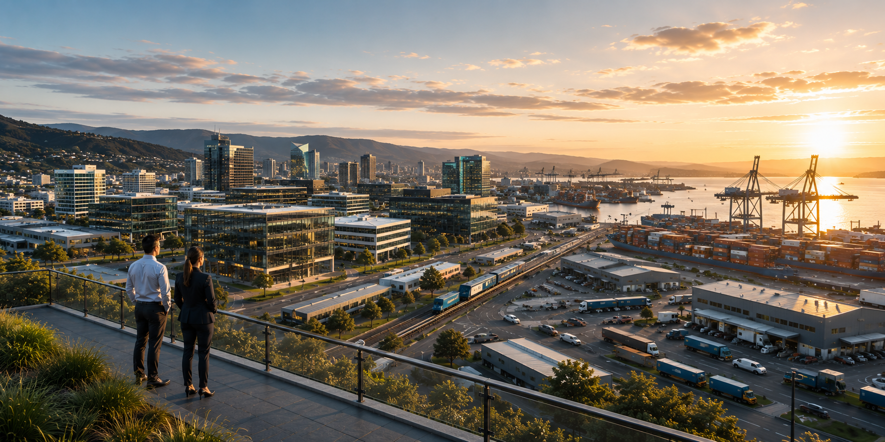 A modern glass office building at dusk