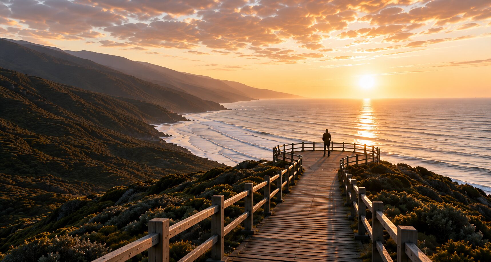 A person on a coastal lookout watching the sun set over the ocean