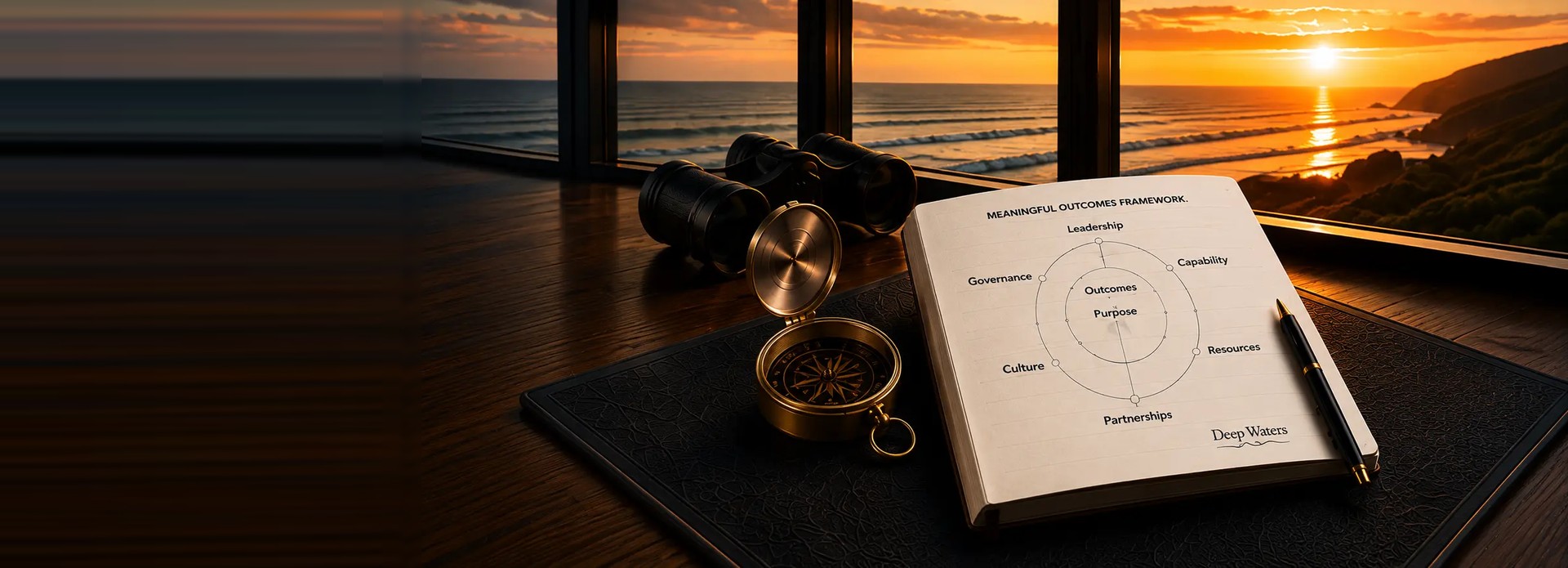 A notebook showing the Meaningful Outcomes Framework beside a compass at sunset