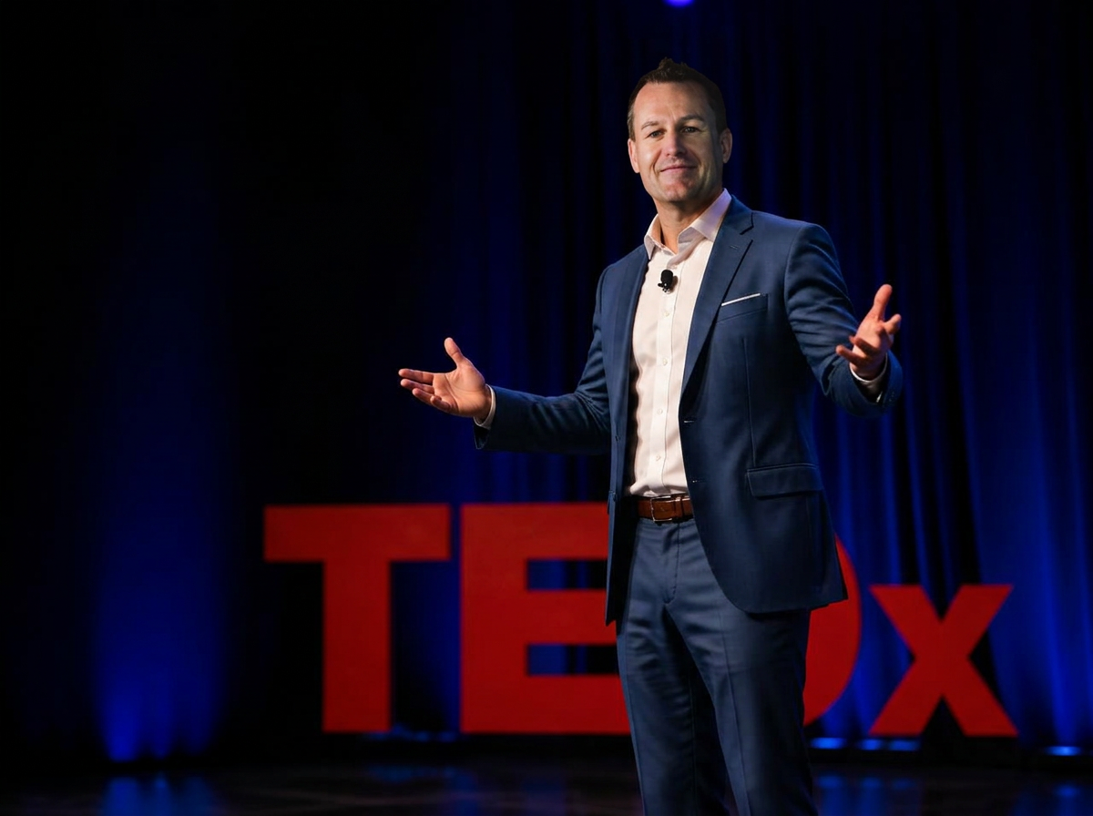A keynote speaker addressing an audience on a darkened stage