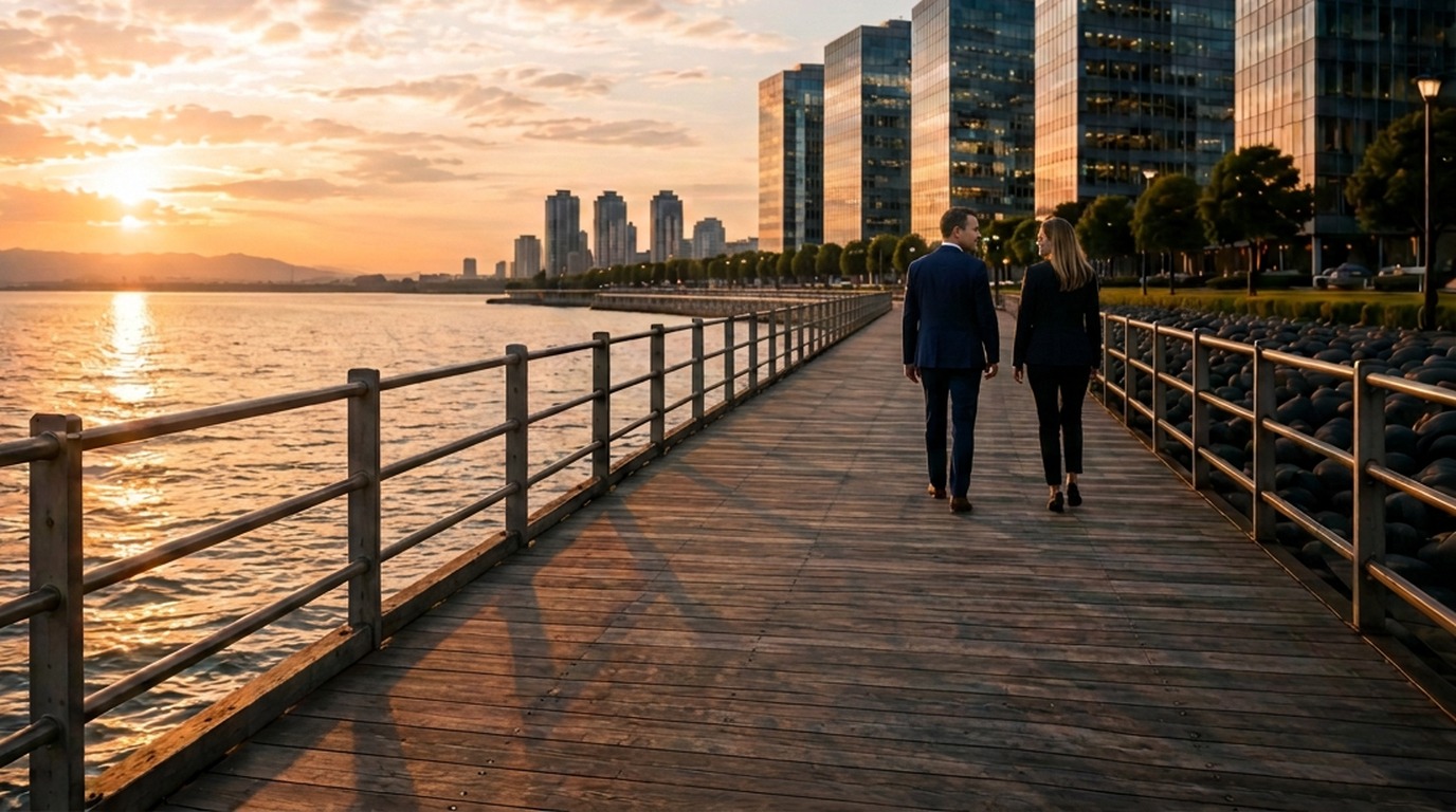 Two consultants walking along a waterfront boardwalk at sunset