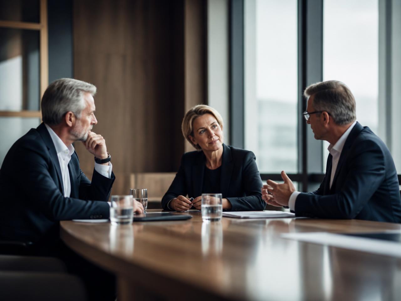 Three executives in focused strategic discussion around a boardroom table